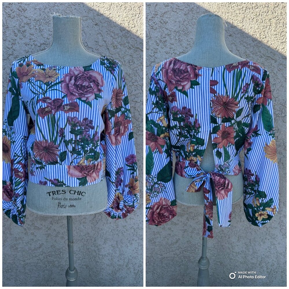 Womens Top Floral Stripe Long Sleeve Blouse With Tie Back By JeuVre -‎ Medium
